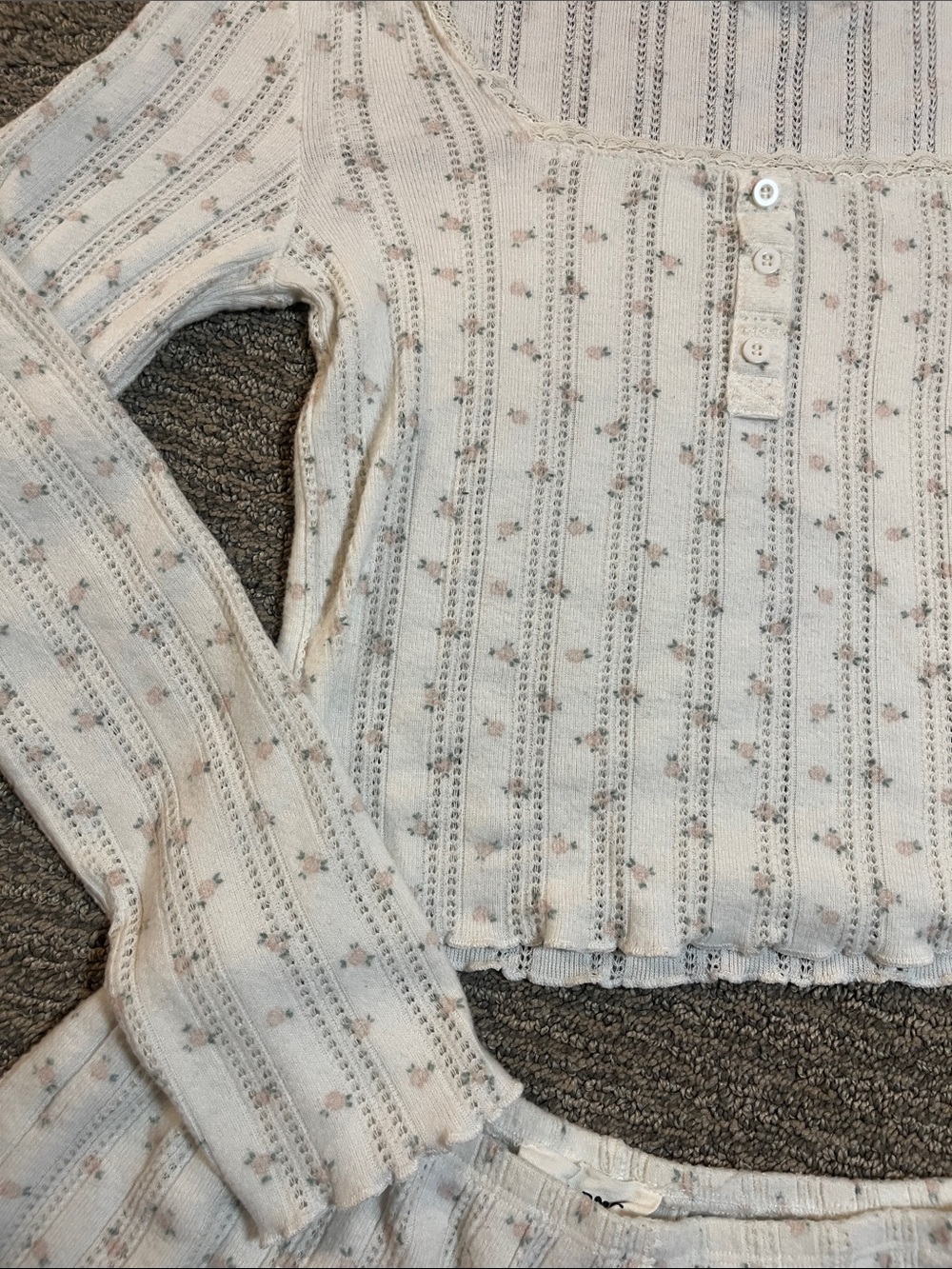Pink Rose Cream Ribbed Lace-Trim Long Sleeve Top & Shorts Pajama Set - Picture 3 of 11